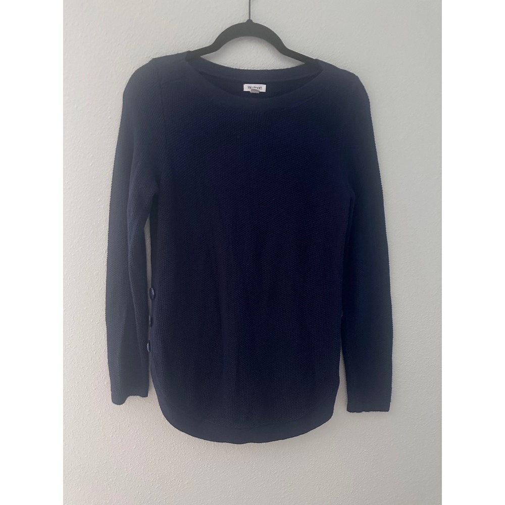 Westport Navy Blue Waffle Knit Side Button Sweater Small Boat Neck Long Sleeve
